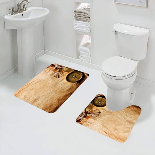 QRFASFZO Badezimmerteppich - Kit 2 Teile,Kompassdeko, Kompass, Gläser und Seile auf verwittertem Pergament arrangiert,absorbierbares waschbares Badezimmerteppich für Badewannen,Toiletten und Böden von QRFASFZO