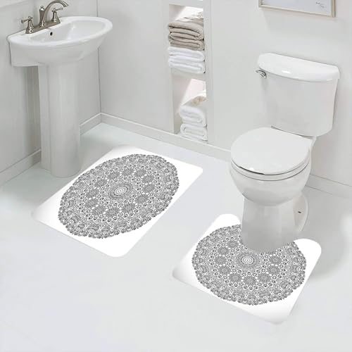 QRFASFZO Badezimmerteppich - Kit 2 Teile,Komplexes schwarz-weißes Mandala-Design mit komplexer Dekoration und Symmetrie,absorbierbares waschbares Badezimmerteppich für Badewannen,Toiletten und Böden von QRFASFZO