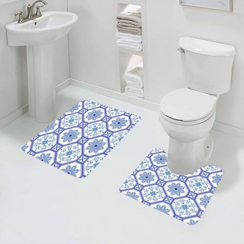 QRFASFZO Badezimmerteppich - Kit 2 Teile,Kunst, Sich wiederholendes Muster aus sechseckigen Fliesen mit zarten blauen B,absorbierbares waschbares Badezimmerteppich für Badewannen,Toiletten und Böden von QRFASFZO