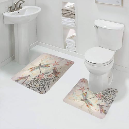 QRFASFZO Badezimmerteppich - Kit 2 Teile,Mode-Vektor-Illustration mit Blumen und Libelle,absorbierbares waschbares Badezimmerteppich für Badewannen,Toiletten und Böden von QRFASFZO