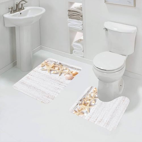 QRFASFZO Badezimmerteppich - Kit 2 Teile,Muscheln, Muscheln und Seesterne mit Marine Seil in vertikaler Richtung Holzob,absorbierbares waschbares Badezimmerteppich für Badewannen,Toiletten und Böden von QRFASFZO