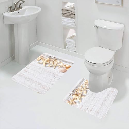 QRFASFZO Badezimmerteppich - Kit 2 Teile,Muscheln und Seesterne mit marineblauem Seil in vertikaler Richtung, Holzoberf,absorbierbares waschbares Badezimmerteppich für Badewannen,Toiletten und Böden von QRFASFZO