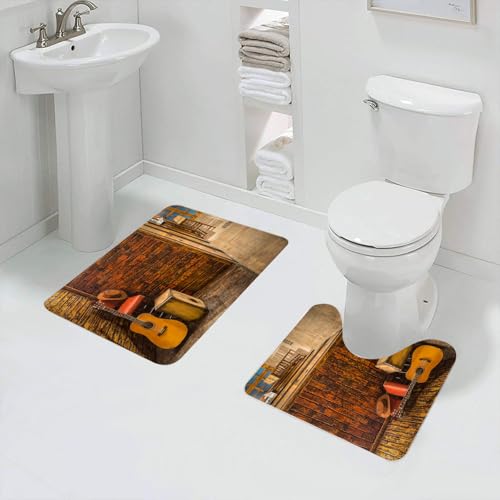 QRFASFZO Badezimmerteppich - Kit 2 Teile,Musikset, Musikinstrumente auf Holzbühne in Einer Getränkebar, Theke,absorbierbares waschbares Badezimmerteppich für Badewannen,Toiletten und Böden von QRFASFZO