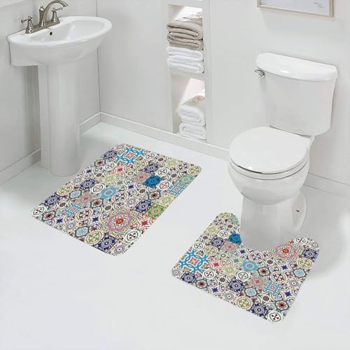QRFASFZO Badezimmerteppich - Kit 2 Teile,Patchwork-Thema Mosaik Keramik Ansicht Marokkanische Fliesen Traditionelle Ati,absorbierbares waschbares Badezimmerteppich für Badewannen,Toiletten und Böden von QRFASFZO