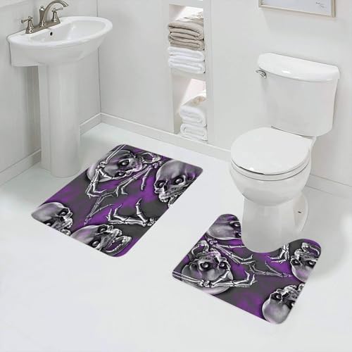 QRFASFZO Badezimmerteppich - Kit 2 Teile,Schädel und Knochen Hand auf lila und grauem Hintergrund, Schädel und Klauen S,absorbierbares waschbares Badezimmerteppich für Badewannen,Toiletten und Böden von QRFASFZO