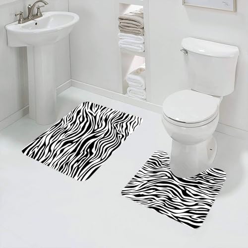 QRFASFZO Badezimmerteppich - Kit 2 Teile,Schwarz-weißes Zebra, abstrakte, vom Zebra inspirierte Textur, monochromes Zeb,absorbierbares waschbares Badezimmerteppich für Badewannen,Toiletten und Böden von QRFASFZO