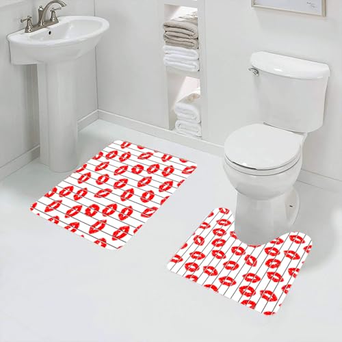 QRFASFZO Badezimmerteppich - Kit 2 Teile,Sich wiederholendes Muster aus roten Lippen auf grauen Linien auf weißem Hinte,absorbierbares waschbares Badezimmerteppich für Badewannen,Toiletten und Böden von QRFASFZO