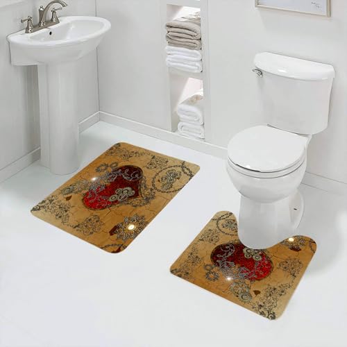 QRFASFZO Badezimmerteppich - Kit 2 Teile,Steampunk – Herz der Inspiration, Romantik und Mechanik, Rotes Herz verziert m,absorbierbares waschbares Badezimmerteppich für Badewannen,Toiletten und Böden von QRFASFZO