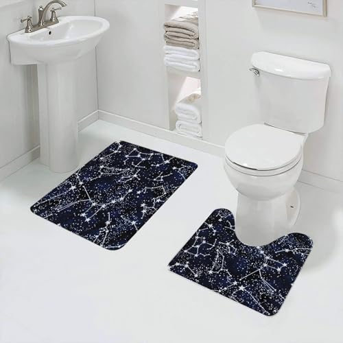 QRFASFZO Badezimmerteppich - Kit 2 Teile,Sternenhimmel, Funkelnde Sterne und Sternbilder auf blauem Hintergrund,absorbierbares waschbares Badezimmerteppich für Badewannen,Toiletten und Böden von QRFASFZO
