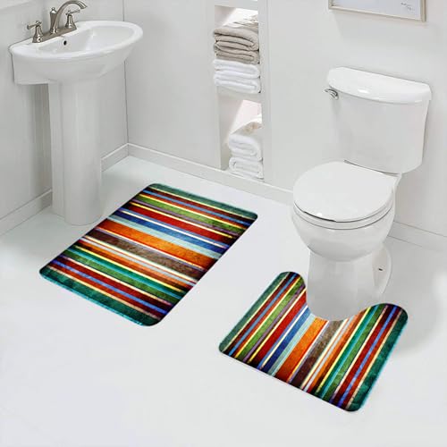 QRFASFZO Badezimmerteppich - Kit 2 Teile,Streifen, vertikal gefüttert, Bunte Retro-Bänder mit Schadenseffekten, altmodi,absorbierbares waschbares Badezimmerteppich für Badewannen,Toiletten und Böden von QRFASFZO