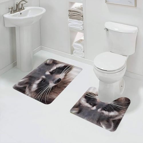 QRFASFZO Badezimmerteppich - Kit 2 Teile,Tierporträt eines Waschbären mit auffälligem schwarz-weißem, weichem Fell und,absorbierbares waschbares Badezimmerteppich für Badewannen,Toiletten und Böden von QRFASFZO