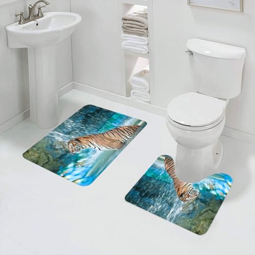 QRFASFZO Badezimmerteppich - Kit 2 Teile,Tiger im Wasserfall, Tiger im Wasserfallspritzer, Tiger im glitzernden Wasserf,absorbierbares waschbares Badezimmerteppich für Badewannen,Toiletten und Böden von QRFASFZO