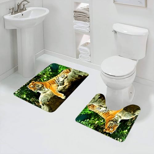QRFASFZO Badezimmerteppich - Kit 2 Teile,Tigerkönig ruht, Tiger entspannt Sich auf Felsen, Tiger ruht in der Wildnis,absorbierbares waschbares Badezimmerteppich für Badewannen,Toiletten und Böden von QRFASFZO