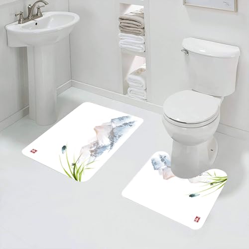 QRFASFZO Badezimmerteppich - Kit 2 Teile,Traditionelle Tuschemalerei, Zikaden und Schnecken, die auf grünen Blättern kr,absorbierbares waschbares Badezimmerteppich für Badewannen,Toiletten und Böden von QRFASFZO
