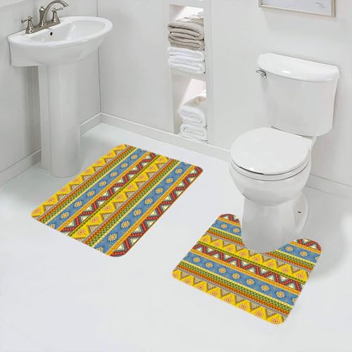 QRFASFZO Badezimmerteppich - Kit 2 Teile,Traditioneller klassischer Stammesstil, Sich wiederholende Dreiecke, Rauten un,absorbierbares waschbares Badezimmerteppich für Badewannen,Toiletten und Böden von QRFASFZO