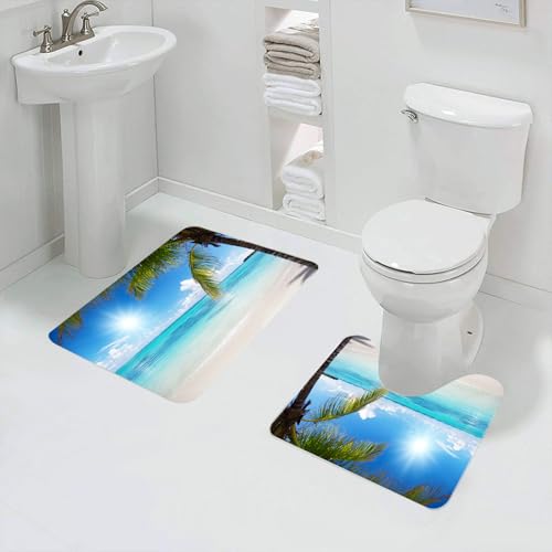 QRFASFZO Badezimmerteppich - Kit 2 Teile,Tropische Strandlandschaft, Kokosnussbäume am Strand unter dem klaren blauen H,absorbierbares waschbares Badezimmerteppich für Badewannen,Toiletten und Böden von QRFASFZO
