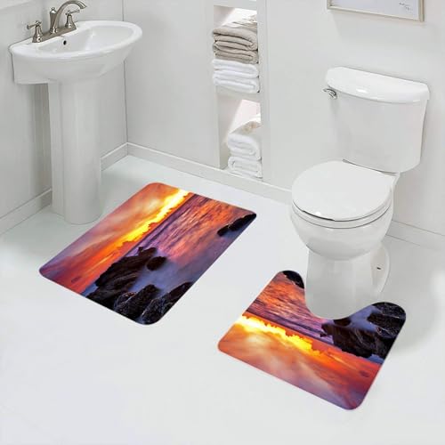 QRFASFZO Badezimmerteppich - Kit 2 Teile,Tropischer Strand bei Sonnenuntergang. Naturhintergrund,absorbierbares waschbares Badezimmerteppich für Badewannen,Toiletten und Böden von QRFASFZO