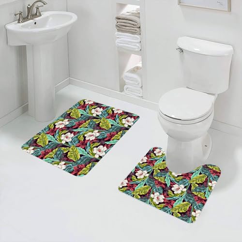 QRFASFZO Badezimmerteppich - Kit 2 Teile,Tropisches Blumenmuster, lebendiges Wiederholungsdesign aus weißen Blüten, grü,absorbierbares waschbares Badezimmerteppich für Badewannen,Toiletten und Böden von QRFASFZO