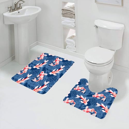 QRFASFZO Badezimmerteppich - Kit 2 Teile,Unterwasser-Koi Schwimmen vor Sich wiederholendem, komplexem blauem Hintergrun,absorbierbares waschbares Badezimmerteppich für Badewannen,Toiletten und Böden von QRFASFZO