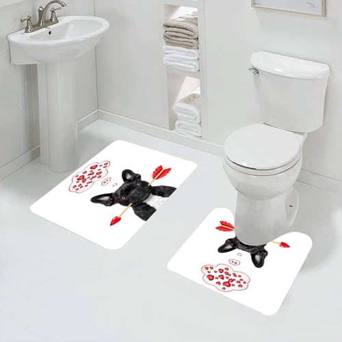 QRFASFZO Badezimmerteppich - Kit 2 Teile,Valentinstag Französisch Bulldog Hund in der Liebe hält einen Amors Pfeil mit,absorbierbares waschbares Badezimmerteppich für Badewannen,Toiletten und Böden von QRFASFZO