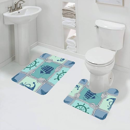 QRFASFZO Badezimmerteppich - Kit 2 Teile,Verwendung von Seilen, Booten und Meeressymbolen，Verflochtene Seile für Segelb,absorbierbares waschbares Badezimmerteppich für Badewannen,Toiletten und Böden von QRFASFZO