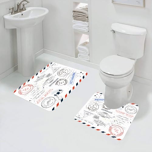 QRFASFZO Badezimmerteppich - Kit 2 Teile,Vintage-Briefmarken, antike Pariser Postkunst-Designkünstler,absorbierbares waschbares Badezimmerteppich für Badewannen,Toiletten und Böden von QRFASFZO
