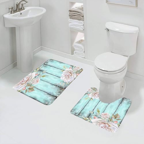 QRFASFZO Badezimmerteppich - Kit 2 Teile,Vintage Türkis Holzhintergrund mit weißen Rosensträußen,absorbierbares waschbares Badezimmerteppich für Badewannen,Toiletten und Böden von QRFASFZO
