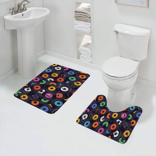 QRFASFZO Badezimmerteppich - Kit 2 Teile,Vintage-Vinyl-Schallplatten-Inlay, farbige Collage aus schwarzen Vinyl-Schallp,absorbierbares waschbares Badezimmerteppich für Badewannen,Toiletten und Böden von QRFASFZO