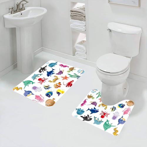QRFASFZO Badezimmerteppich - Kit 2 Teile,Wale, Verschiedene Meeresorganismen Seesterne Stachelrochen Seepferdchen Oeuvr,absorbierbares waschbares Badezimmerteppich für Badewannen,Toiletten und Böden von QRFASFZO