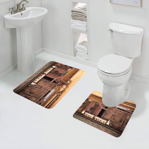 QRFASFZO Badezimmerteppich - Kit 2 Teile,Western Cowboy Hintergrund Wild West Bauernhaus Heuballen Scheune Tür Hintergr,absorbierbares waschbares Badezimmerteppich für Badewannen,Toiletten und Böden von QRFASFZO