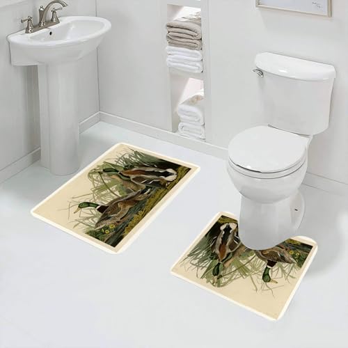 QRFASFZO Badezimmerteppich - Kit 2 Teile,Wildenten, Schilf und Enten im Wasser im natürlichen Lebensraum Zeigen die Sch,absorbierbares waschbares Badezimmerteppich für Badewannen,Toiletten und Böden von QRFASFZO