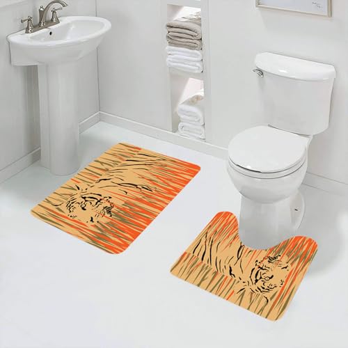 QRFASFZO Badezimmerteppich - Kit 2 Teile,Wildlife Decor, Tiger in Büschen Camouflage Fleischfresser Raubtier Katze Afri,absorbierbares waschbares Badezimmerteppich für Badewannen,Toiletten und Böden von QRFASFZO