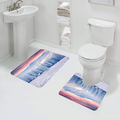 QRFASFZO Badezimmerteppich - Kit 2 Teile,Winter, Sonnenaufgang in der Winterlandschaft, hitzebeständige Tischsets,absorbierbares waschbares Badezimmerteppich für Badewannen,Toiletten und Böden von QRFASFZO