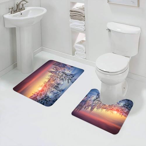 QRFASFZO Badezimmerteppich - Kit 2 Teile,Winterdekoration, verschneite Landschaft im trüben Licht,absorbierbares waschbares Badezimmerteppich für Badewannen,Toiletten und Böden von QRFASFZO