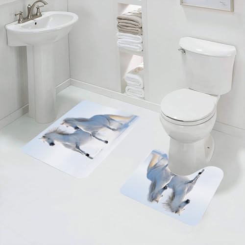 QRFASFZO Badezimmerteppich - Kit 2 Teile,Winterdekorationen, edle Pferde galoppieren auf dem Schneefeld Symbol,absorbierbares waschbares Badezimmerteppich für Badewannen,Toiletten und Böden von QRFASFZO