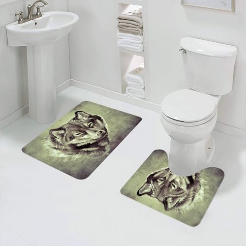 QRFASFZO Badezimmerteppich - Kit 2 Teile,Wolfskopf, der Wilde Krieger, der große Hund der Wildnis,absorbierbares waschbares Badezimmerteppich für Badewannen,Toiletten und Böden von QRFASFZO