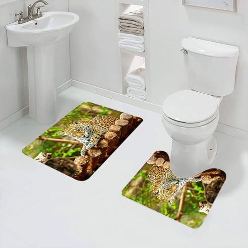 QRFASFZO Badezimmerteppich - Kit 2 Teile,Zoo, Jaguar auf einem Holzboden Wildtiere,absorbierbares waschbares Badezimmerteppich für Badewannen,Toiletten und Böden von QRFASFZO