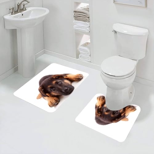 QRFASFZO Badezimmerteppich - Kit 2 Teile,süßer Deutscher Schäferhundwelpe mit liebevollen Augen und weichem Fell auf Ei,absorbierbares waschbares Badezimmerteppich für Badewannen,Toiletten und Böden von QRFASFZO