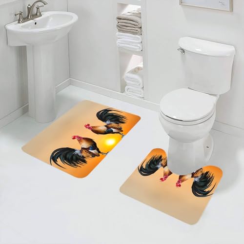 QRFASFZO Badezimmerteppich - Kit 2 Teile,weiße und rote Hähne begrüßen den Morgen,absorbierbares waschbares Badezimmerteppich für Badewannen,Toiletten und Böden von QRFASFZO