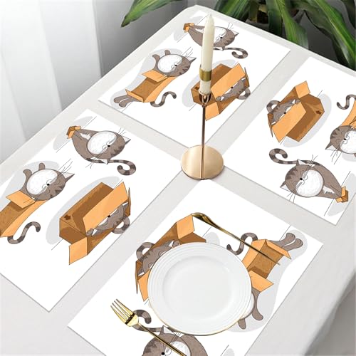 QRFASFZO Gewebte Platzsets Tischsets 6 er Set Vinyl Hitzebeständig Platzdeckchen Antifouling und Waschbar,Cartoon, süße und lustige Cartoon-Katze in unterschiedlich großen Kartons,45x30cm von QRFASFZO
