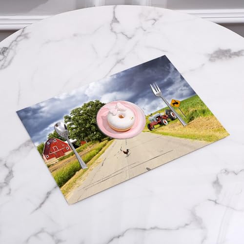 QRFASFZO Gewebte Platzsets Tischsets 6 er Set Vinyl Hitzebeständig Platzdeckchen Antifouling und Waschbar,Ländlicher Bauernhof an der Landstraße, Scheune und Traktorseite,45x30cm von QRFASFZO