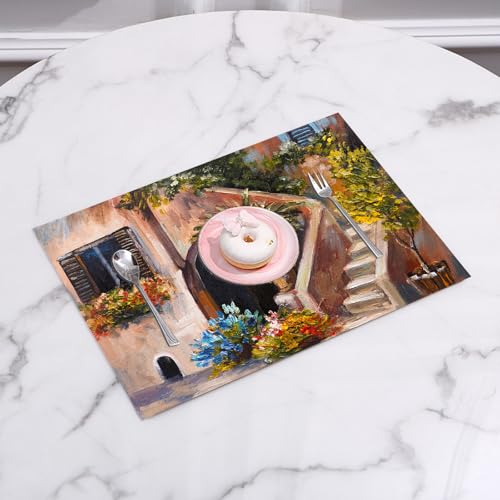 QRFASFZO Gewebte Platzsets Tischsets 6 er Set Vinyl Hitzebeständig Platzdeckchen Antifouling und Waschbar,Rustikal, Terrasse Blumen und Garten Griechenland mit rustikalen Fenster Ölgemälde, g,45x30cm von QRFASFZO