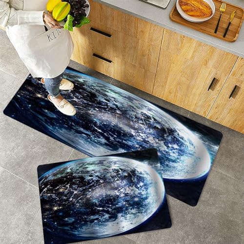 QRFASFZO Küchenteppiche 2 Stück, Rutschfestes Küchenmatten,Blauer Planet Erde Ozean,Pflegeleicht, Anti-Müdigkeit Küchenteppich Teppich Läufer für Küche (45x70+45x120cm) von QRFASFZO