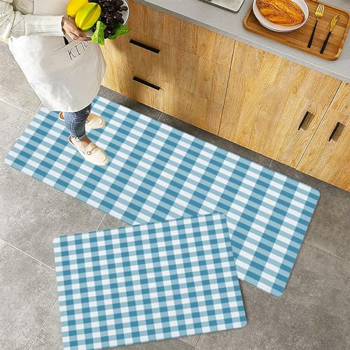 QRFASFZO Küchenteppiche 2 Stück, Rutschfestes Küchenmatten,Blaues Gingham- und Büffel-Karo-Plaid-Muster,Pflegeleicht, Anti-Müdigkeit Küchenteppich Teppich Läufer für Küche (45x70+45x120cm) von QRFASFZO