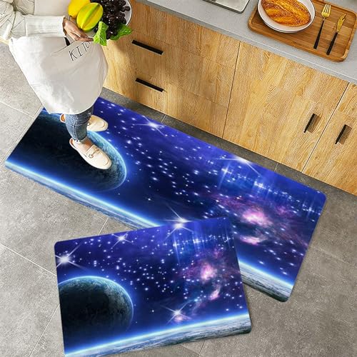 QRFASFZO Küchenteppiche 2 Stück, Rutschfestes Küchenmatten,Blue Galaxy Sternenhimmel Schöne Erde,Pflegeleicht, Anti-Müdigkeit Küchenteppich Teppich Läufer für Küche (45x70+45x120cm) von QRFASFZO