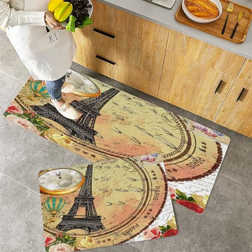 QRFASFZO Küchenteppiche 2 Stück, Rutschfestes Küchenmatten,Blume Paris Uhr Mode,Pflegeleicht, Anti-Müdigkeit Küchenteppich Teppich Läufer für Küche (45x70+45x120cm) von QRFASFZO