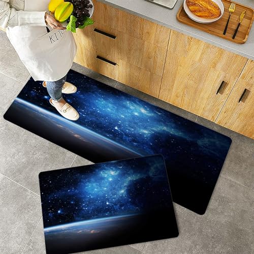QRFASFZO Küchenteppiche 2 Stück, Rutschfestes Küchenmatten,Erde und Galaxienraum,Pflegeleicht, Anti-Müdigkeit Küchenteppich Teppich Läufer für Küche (45x70+45x120cm) von QRFASFZO