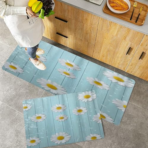 QRFASFZO Küchenteppiche 2 Stück, Rutschfestes Küchenmatten,Gänseblümchen Blumen Auf Holzbrett,Pflegeleicht, Anti-Müdigkeit Küchenteppich Teppich Läufer für Küche (45x70+45x120cm) von QRFASFZO