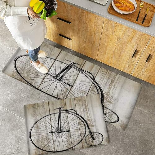 QRFASFZO Küchenteppiche 2 Stück, Rutschfestes Küchenmatten,Klassisches Vintage Fahrrad Fahrrad Holz,Pflegeleicht, Anti-Müdigkeit Küchenteppich Teppich Läufer für Küche (45x70+45x120cm) von QRFASFZO