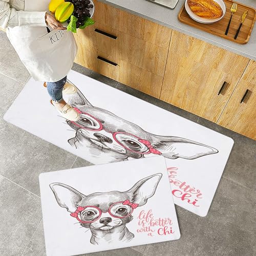 QRFASFZO Küchenteppiche 2 Stück, Rutschfestes Küchenmatten,Mädchen-Chihuahua,Pflegeleicht, Anti-Müdigkeit Küchenteppich Teppich Läufer für Küche (45x70+45x120cm) von QRFASFZO